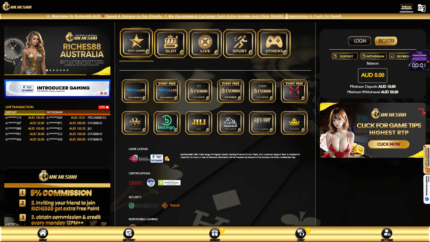 Riches88 Casino desktop home page